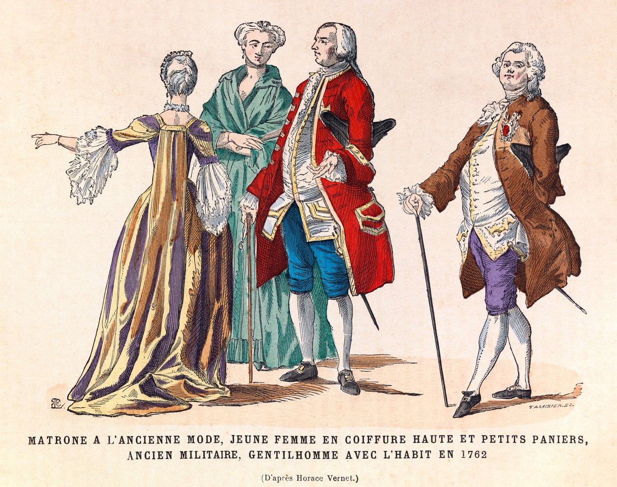 Kostýmy staré módní matróny, mladé ženy s vysokým účesem a malými košíky, bývalého vojáka a gentlemana v obleku v roce 1762 (regne krále Ludvíka XV.) - soukromá sbírka od Anonymous Anonymous