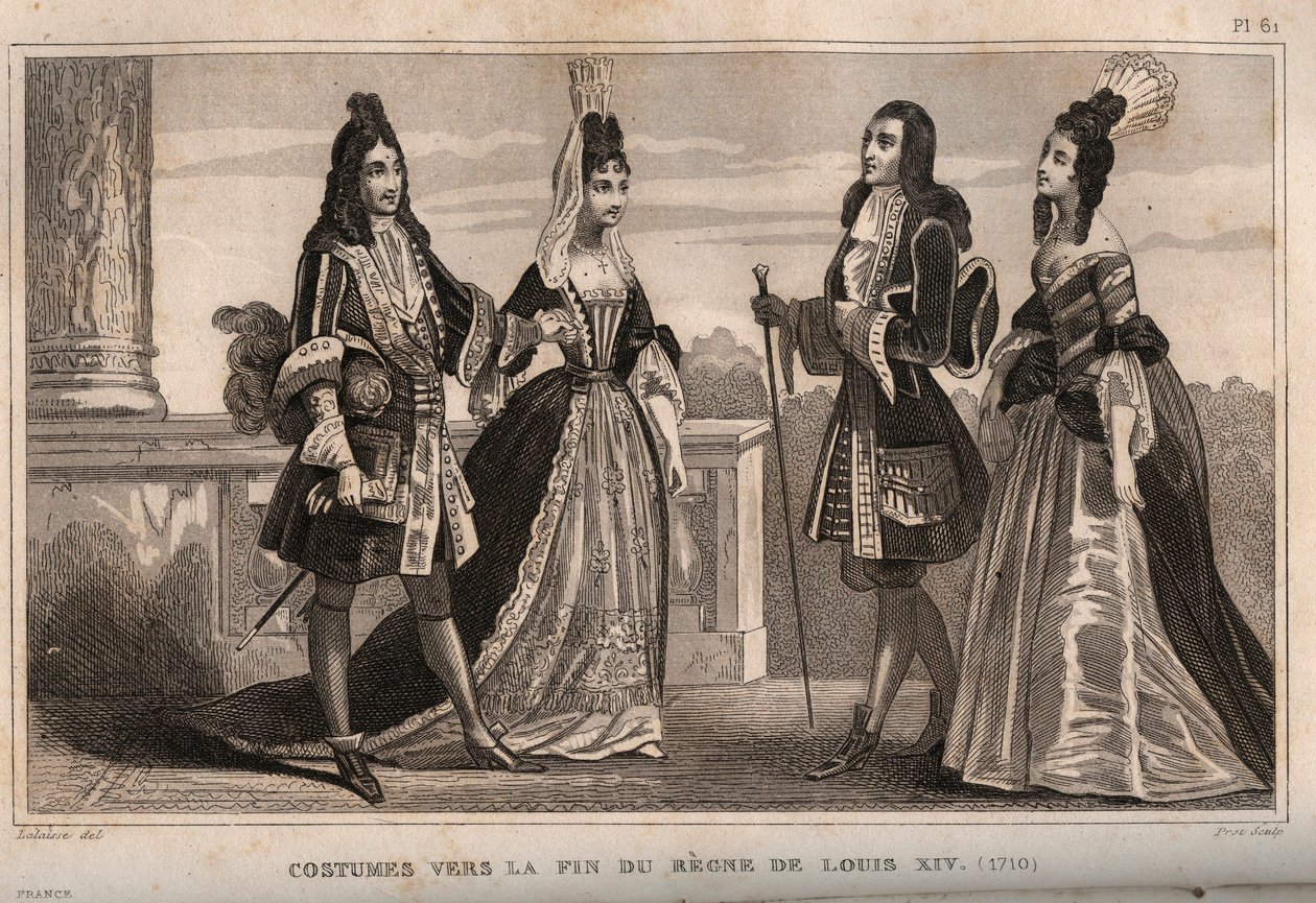 Kostýmy ke konci vlády krále Ludvíka XIV. (1710). Rytina z roku 1859 v „“ Le Monde. Dějiny všech národů od nejvzdálenějších dob až po současnost“. od M. E. de Lostalot-Bachoue (Lostalot Bachoue). Soukromá sbírka. od Anonymous Anonymous