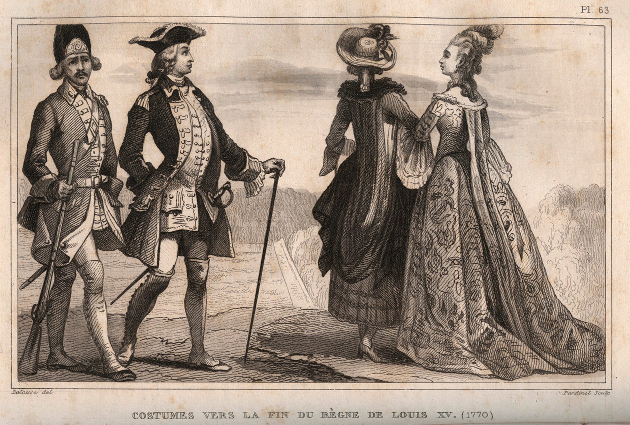 Kostýmy ke konci vlády krále Ludvíka XV. (1770). Rytina z roku 1859 v „“ Le Monde. Dějiny všech národů od nejvzdálenějších dob až po současnost“. od M. E. de Lostalot-Bachoue (Lostalot Bachoue). Soukromá sbírka. od Anonymous Anonymous