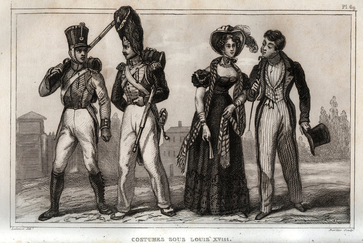 Kostýmy za Ludvíka XVIII. Rytina z roku 1859 v „“ Le Monde. Dějiny všech národů od nejvzdálenějších dob až po současnost“. od M. E. de Lostalot-Bachoue (Lostalot Bachoue). Soukromá sbírka. od Anonymous Anonymous