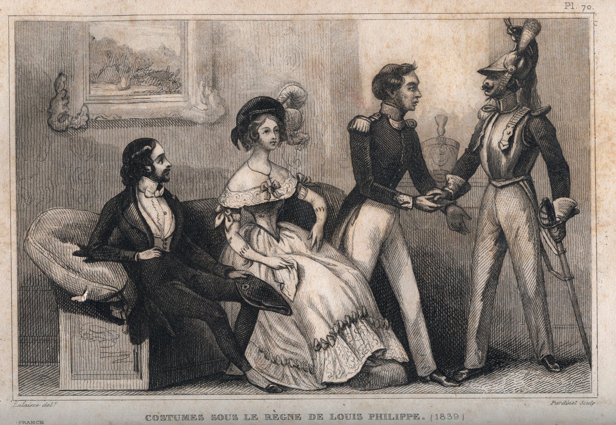 Kostýmy za vlády Ludvíka Filipa (1839). Rytina z roku 1859 v „“ Le Monde. Dějiny všech národů od nejvzdálenějších dob až po současnost“. od M. E. de Lostalot-Bachoue (Lostalot Bachoue). Soukromá sbírka. od Anonymous Anonymous