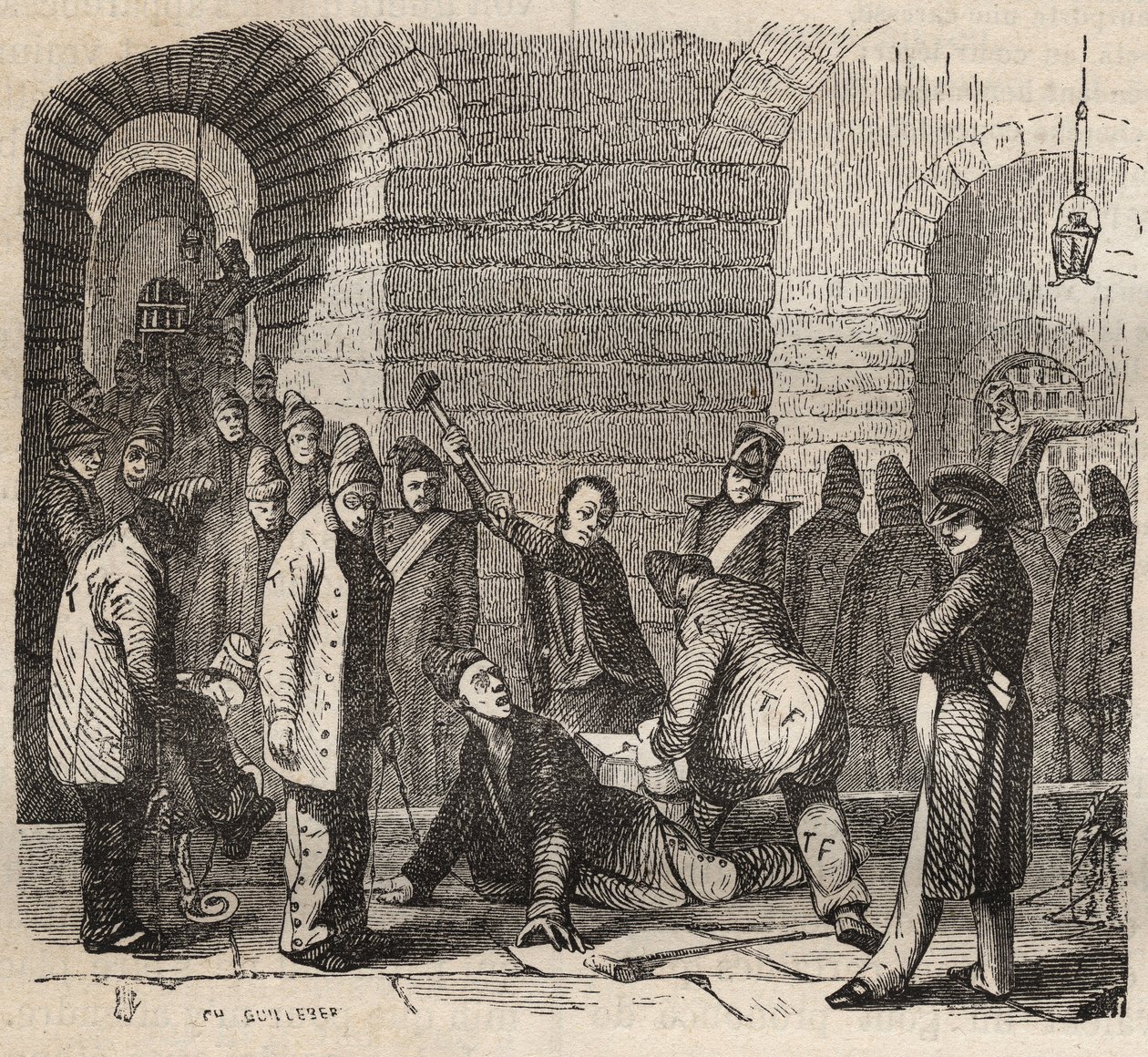 Spojka u Rochefort bagne v 19. století. Rytina do „Historie trestanců od jejich vzniku po současnost“ (1877) od Pierra Zacconeho (1817-1895) (Colonia Penale - Trestná kolonie). Soukromá sbírka. od Anonymous Anonymous
