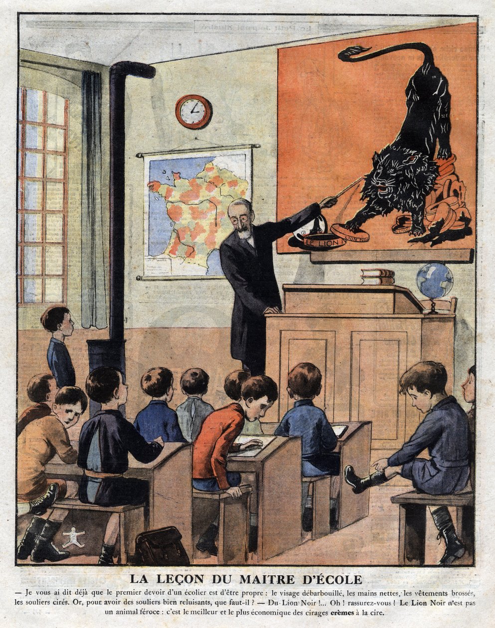 Kurzy slušného chování ve škole, učitel učí studenty školy, jak používat lesk, aby se boty leskly. Reklamní ilustrace z “”Le petit journal”” z 29. 11. 1925 Collection privee od Anonymous Anonymous