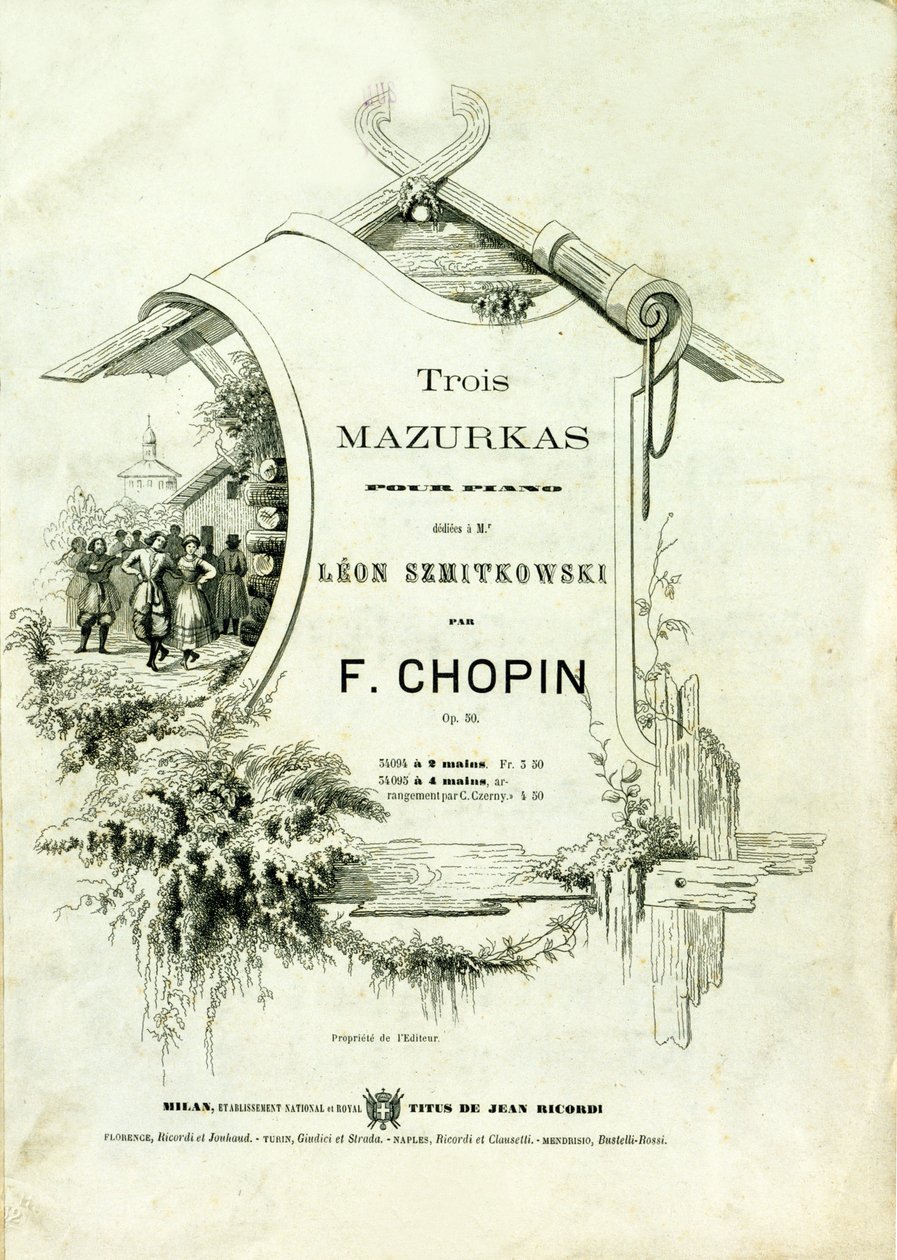 Obálka „Tři mazurky pro klavír, Opus 50““ věnovaná Leonu Szmitkowskému složil Frederic Chopin (1810-1849). od Anonymous Anonymous