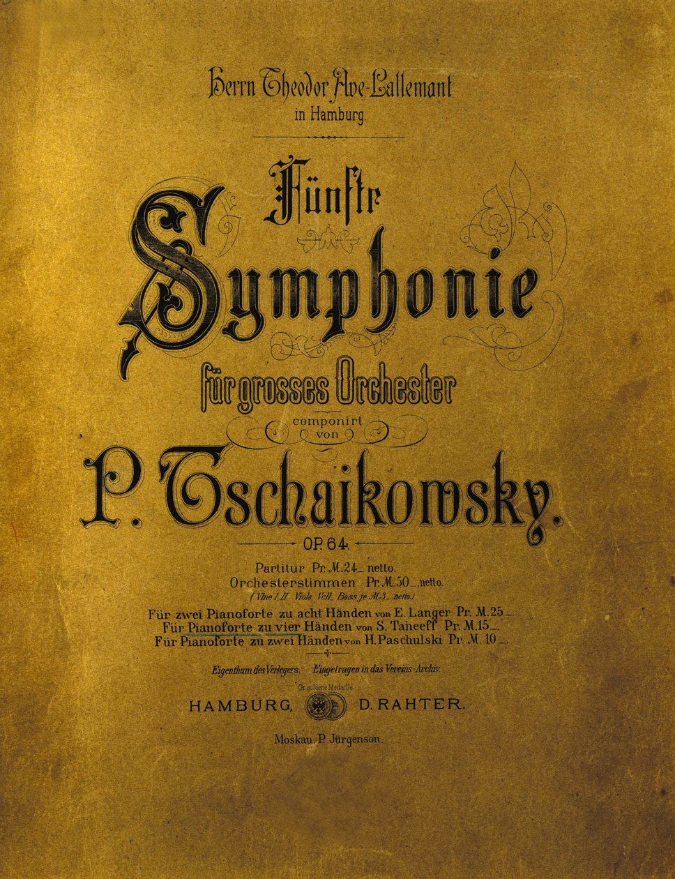 Obal partitury Symfonie č. 5 e moll Opus 64 Piotra nebo Petra Iljiče Čajkovského (nebo Čajkovského nebo Ciajkovského nebo Čajkovského od Anonymous Anonymous
