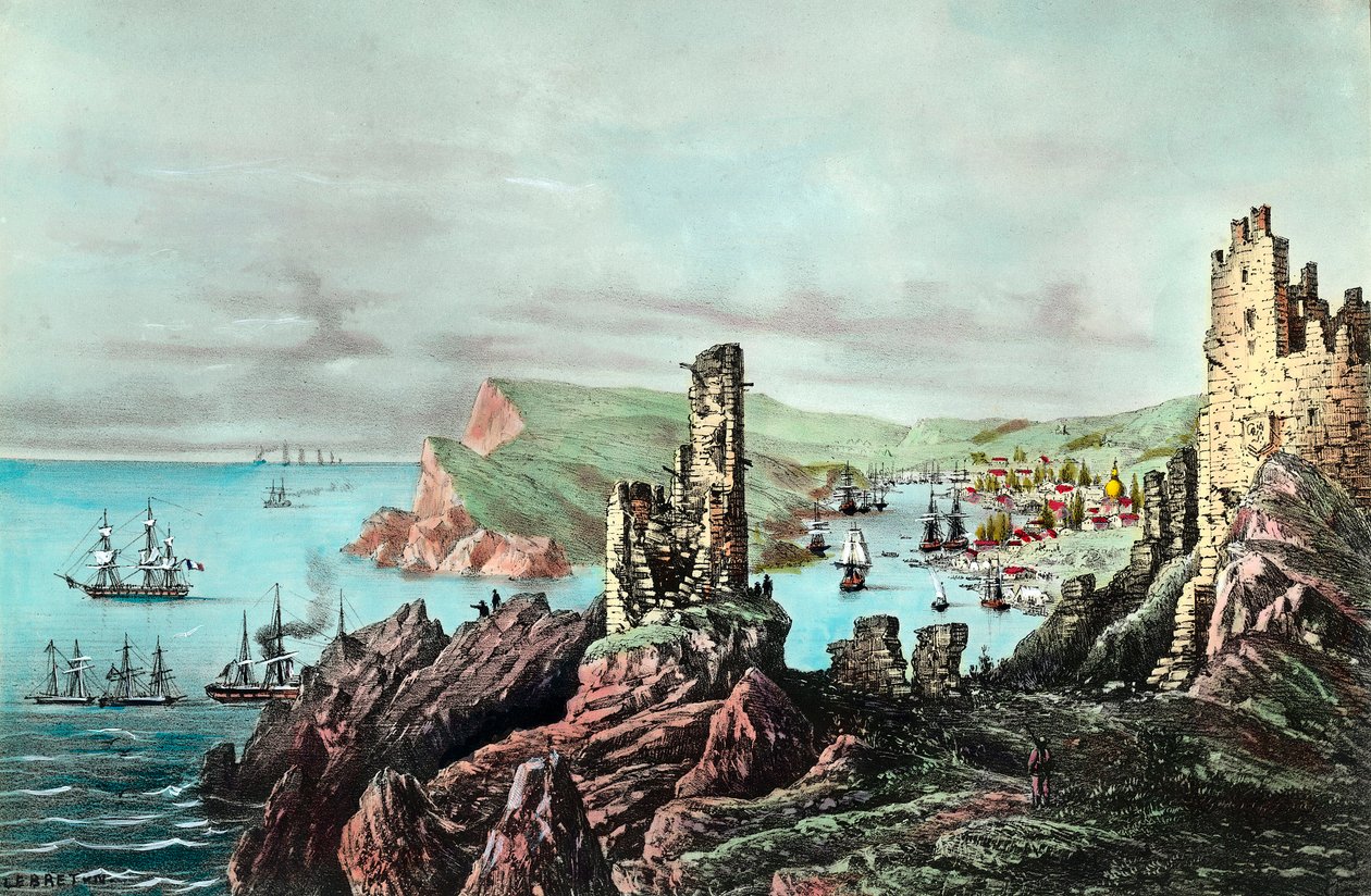 Krymská válka: pohled na přístav Balaklava na Krymu. Rytina kolem 1854-1855. Soukromá sbírka od Anonymous Anonymous