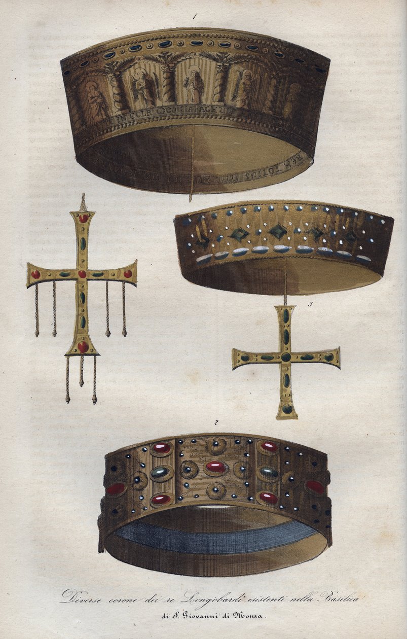Koruny Suverians Lombardského království (568-774), zachované v bazilice svatého Jana z Monzy - Různé koruny lombardských králů zachované v bazilice San Giovanni di Monza - rytina z „“ Usi e Costumi di Tutti i i Popoli dell od Anonymous Anonymous