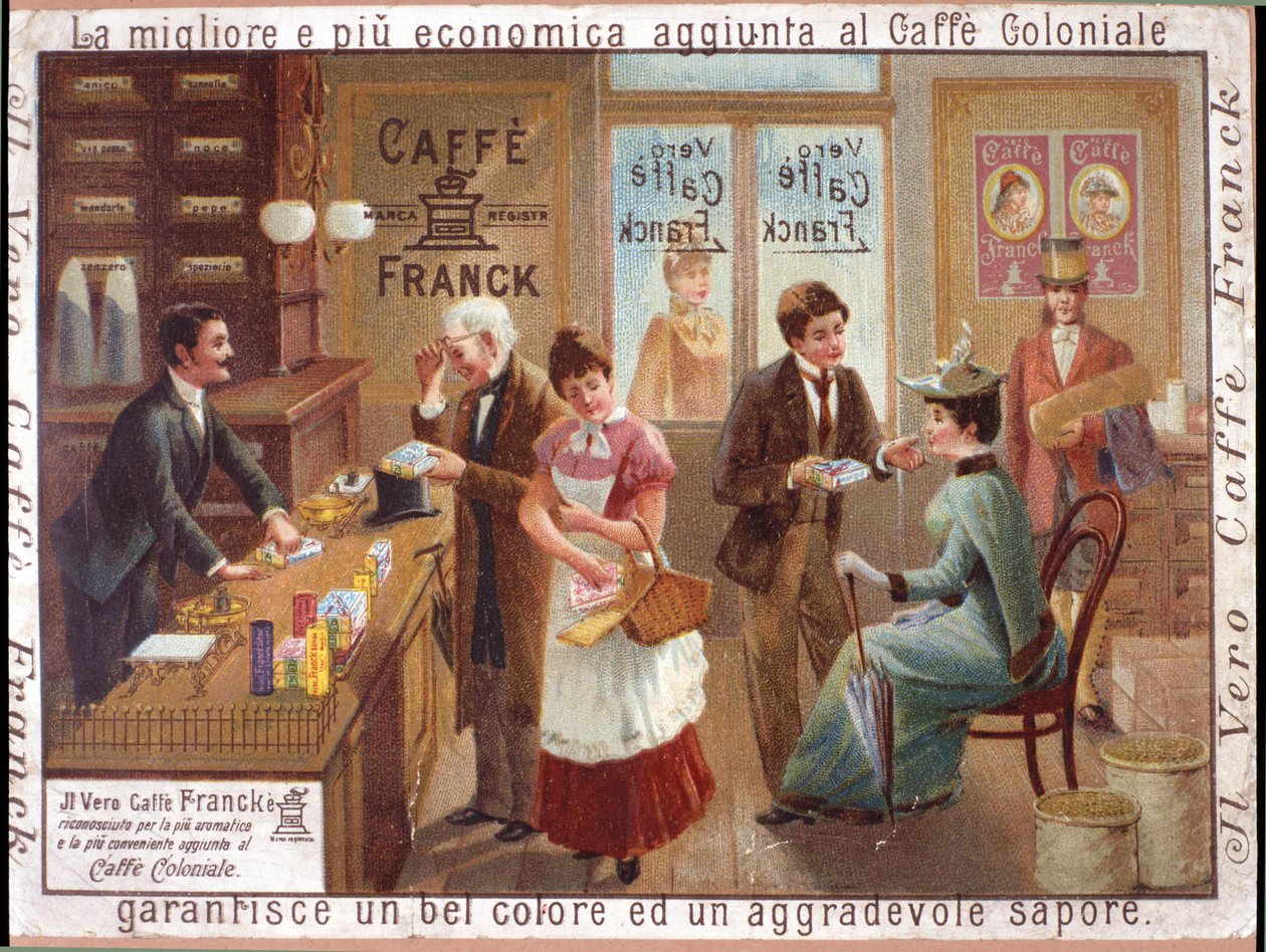 Zákazníci v obchodě s potravinami prodávající kávu. Reklama na „Caffe Franck“. Chromolitografie, kolem roku 1900. od Anonymous Anonymous