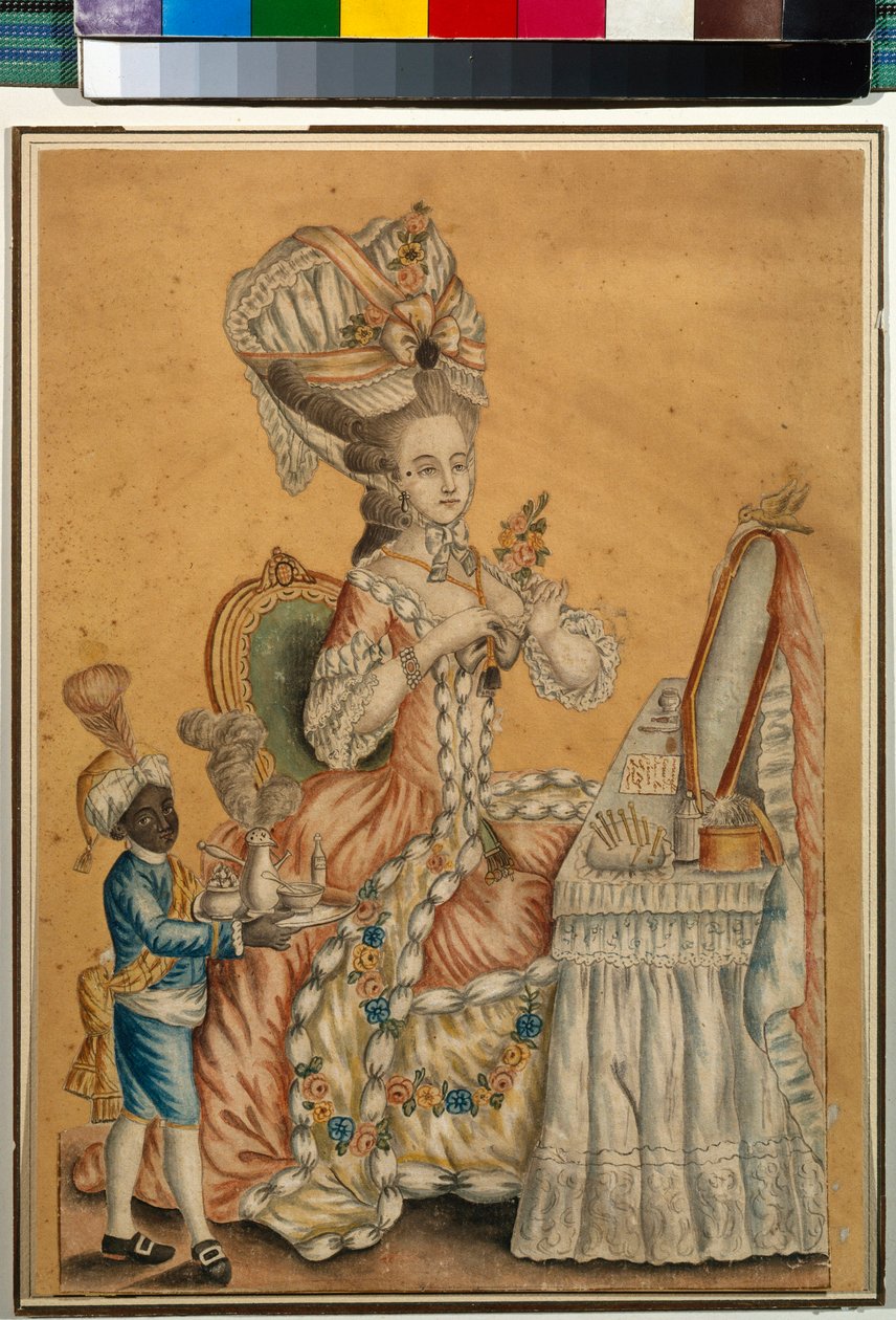 Dáma na záchodě s černým chlapcem - Anonymní dílo, Akvarel na papíře cca 1770 (29,2 x 21,2 cm) - Státní Treťjakovská galerie, Moskva od Anonymous Anonymous