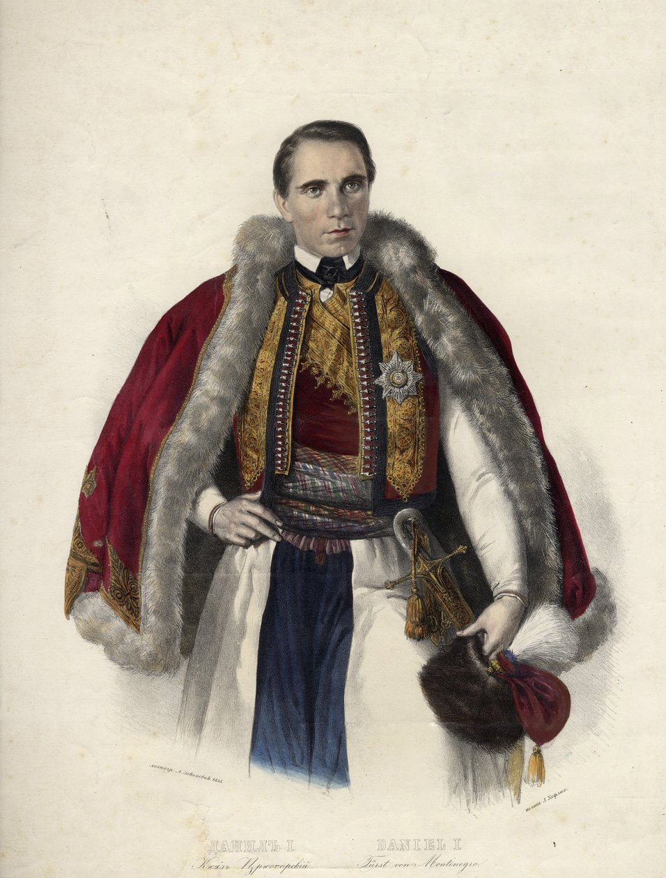 Daniel de Montenegro (1826-1860) (Danilo Aleksander Petrovic Njegos) - Danilo I, princ Černé Hory - Anonym - 1853 - Litografie, akvarel - 40,7x30,9 - Soukromá sbírka od Anonymous Anonymous