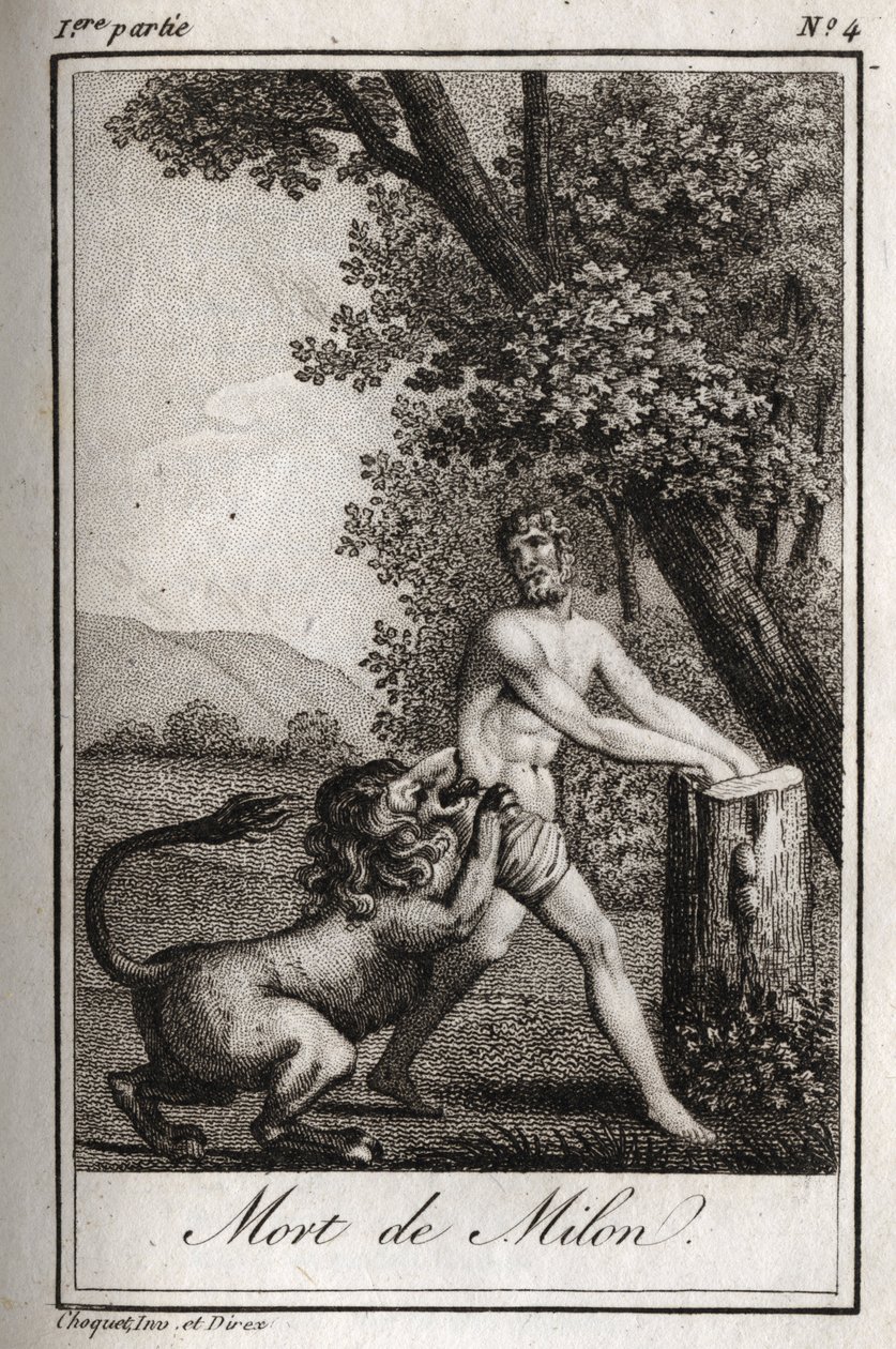 Smrt Milona de Crotone (Milo of Croton), kterou pohltil vlk. Rytina z roku 1819 v „Lettres a Emilie sur la mythologie“ od Charlese Alberta Demoustiera (1760-1801). Soukromá sbírka. od Anonymous Anonymous