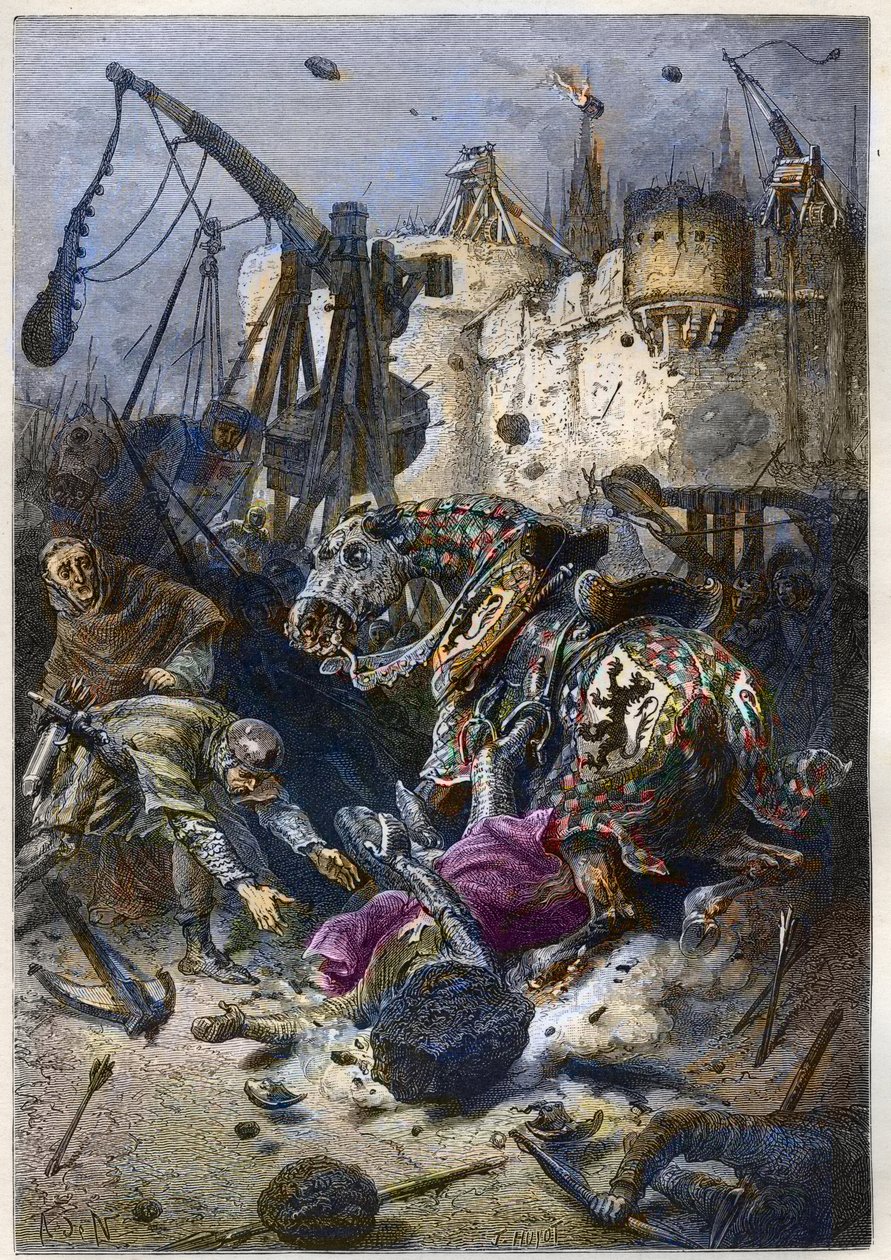 Smrt Simona IV. z Montfortu (1150-1218) francouzský aristokrat, v sídle Toulouse v roce 1218 - Smrt Simona de Montfort během bitvy u Toulouse, 25. června od Anonymous Anonymous
