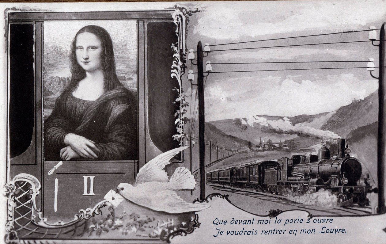 Detournee znázornění „“ Mony Lisy““ (Mona Lisa, Monna Lisa) od Leonarda de Vinci (Leonardo da Vinci) (1452-1519):“ Obraz je znázorněn ve vlaku, který si přeje najít své muzeum. Komediální pohlednice upravena v době krádeže díla o od Anonymous Anonymous