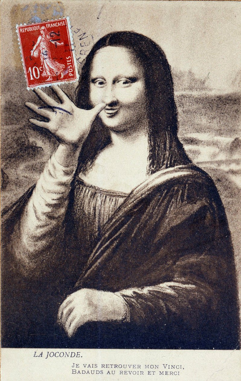 Detournee reprezentace „“ Mona Lisa““ od Leonarda da Vinci (Leonardo da Vinci) (1452-1519): Pozdrav Mony Lisy (Monna Lisa) na znamení jejího odchodu, aby našel svého „“ Vinciho“. Komediální pohlednice upravena na doba krádeže díla Vincenza Pera od Anonymous Anonymous