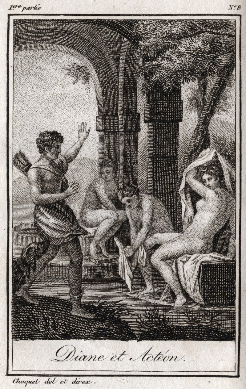 Diane a Acteon (Diana a Actaeon) Diane překvapila ve vaně lovec Acteon. Rytina z roku 1819 v „Lettres a Emilie sur la mythologie“ od Charlese Alberta Demoustiera (1760-1801). Soukromá sbírka. od Anonymous Anonymous