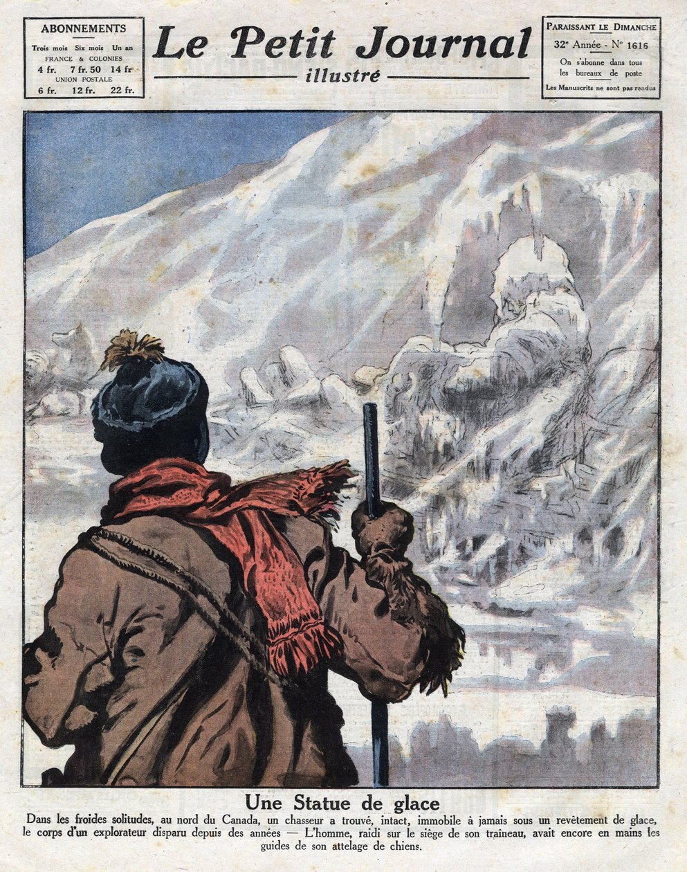 Objeven z těla průzkumníka v ledu Kanady, zmizel na léta. Ilustrace převzata z „“Le petit journal““ z 12.11.1921 Collection privee od Anonymous Anonymous
