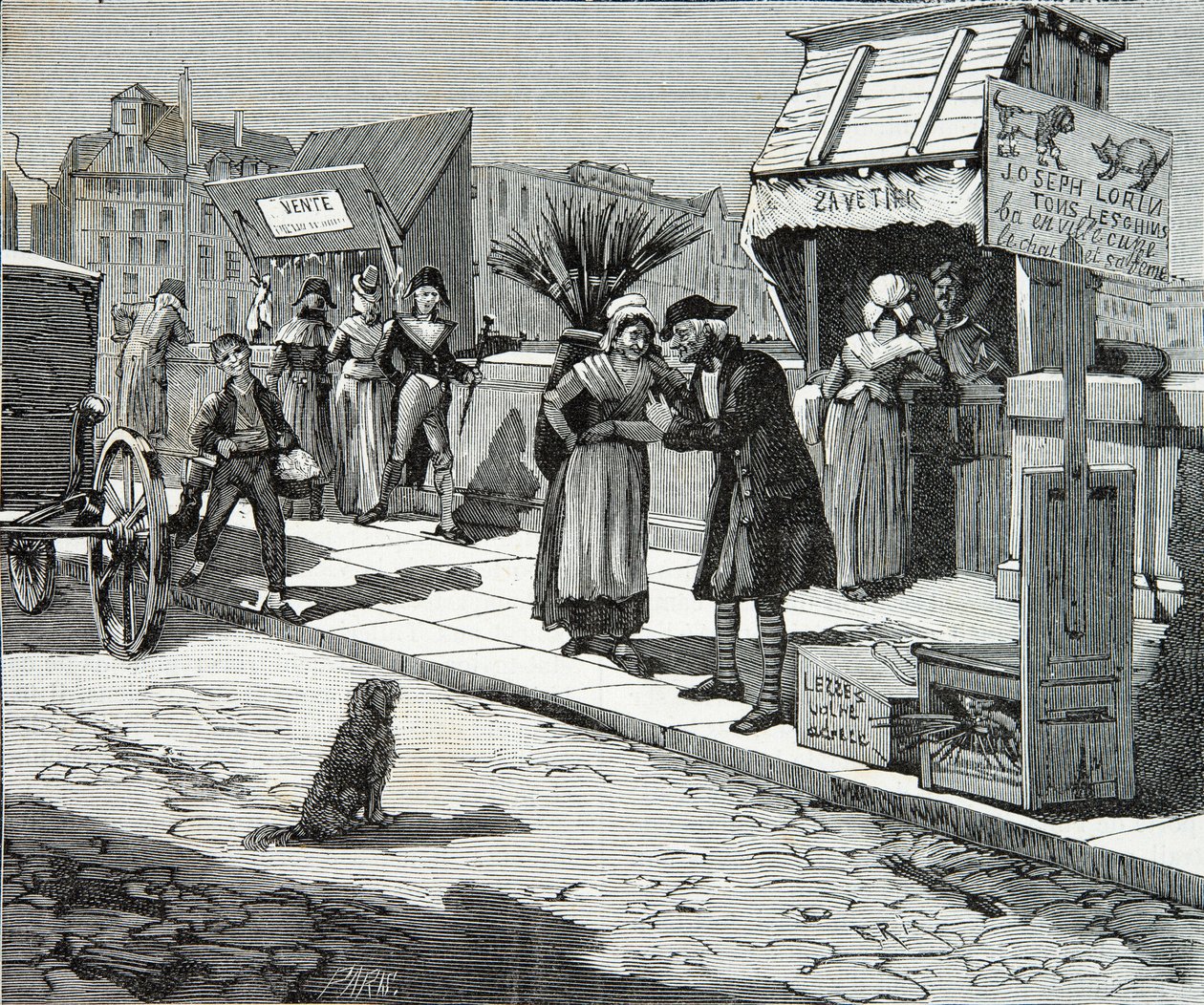 Vyžínače psů na mostě devět v Paříži kolem roku 1796, rytina, soukromá sbírka od Anonymous Anonymous