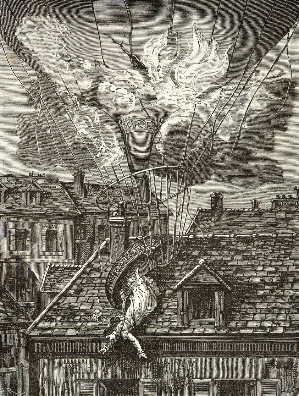 Dramatická smrt Madame Sophie Blanchard (1778-1819), aeronaut 6. července 1819 nad zahradami Tivoli v Paříži, Rytina, soukromá sbírka od Anonymous Anonymous