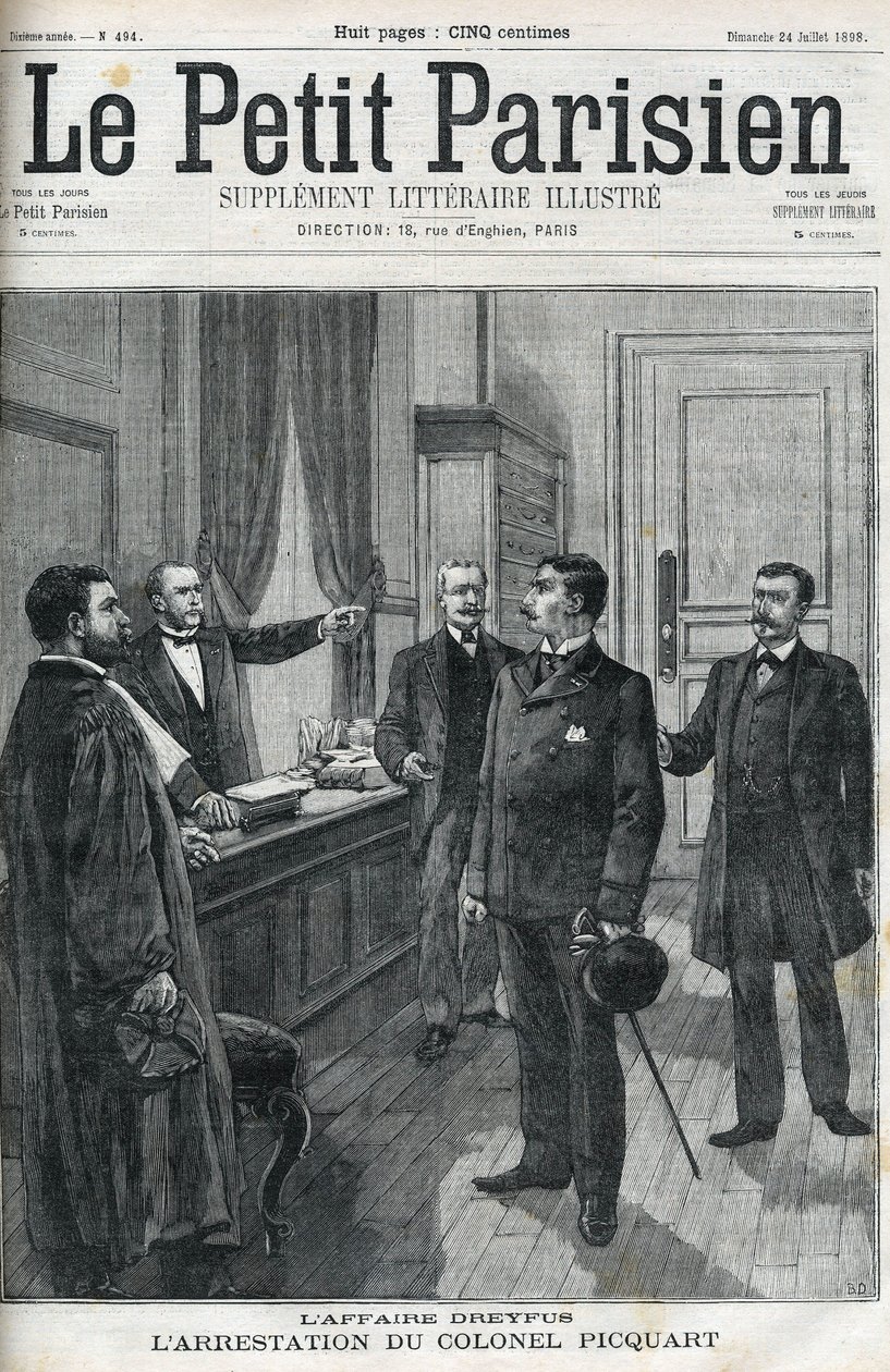 Dreyfusův případ, v roce 1898, zatčení podplukovníka Georgese Picquarta (1854-1914). V „le petit Parisien“ z roku 1898. od Anonymous Anonymous
