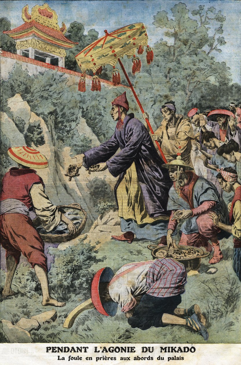 Během agónie Mikado (japonského císaře) Meidži (1852-1912): dav v modlitbách poblíž paláce. Rytina v „“Le petit Journal““, dne 11.08.1912. Soukromá sbírka. od Anonymous Anonymous