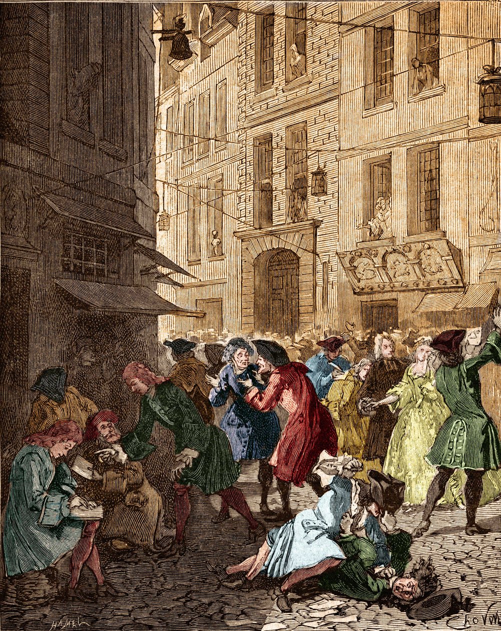 Ekonomický systém: spekulativní bublina v době právního systému, agiotory rue Quincampoix - Paris IVth ardt. Quincampoix Street byla v době systému Johna Lawa (1671 - 1729). "" Agagiotage na Quincampoix Street (způsobil bankrot od Anonymous Anonymous