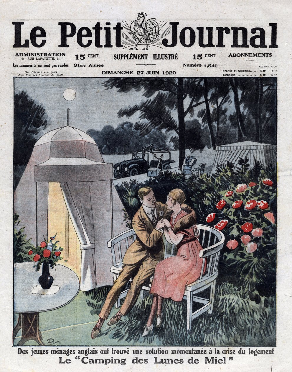 Ekonomika a inflace v Anglii: manželský pár na líbánkovém kempu vytvořeném poblíž Londýna v reakci na bytovou krizi. Obálka „“Le petit journal“““ z 27.6.1920. Soukromá sbírka od Anonymous Anonymous
