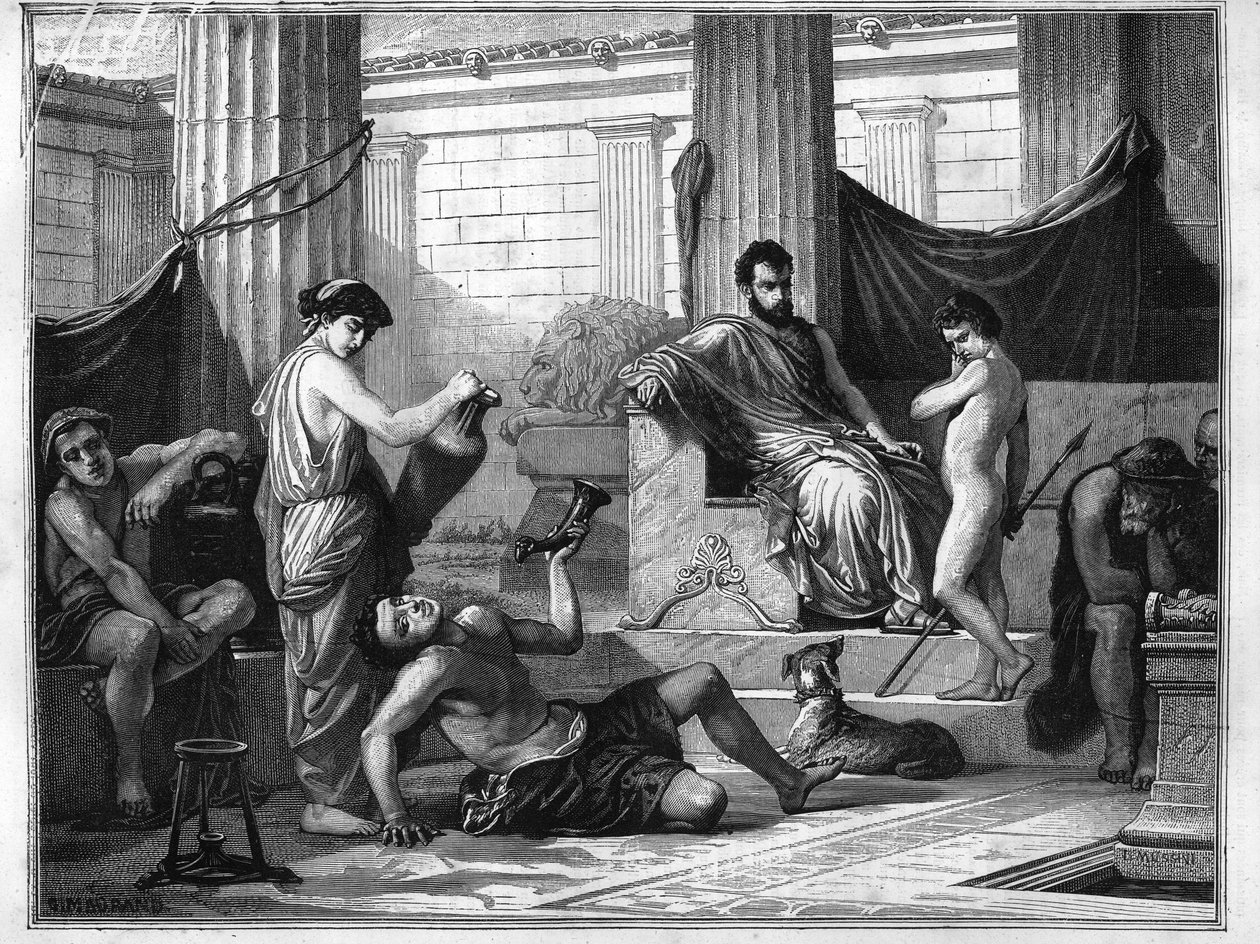 Vzdělávání ve Spartě ve starověkém Řecku: opilý otrok je představen mladému chlapci, aby mu ukázal nebezpečí alkoholu. Rytina z roku 1880 v soukromé sbírce „La republique illustree“. od Anonymous Anonymous