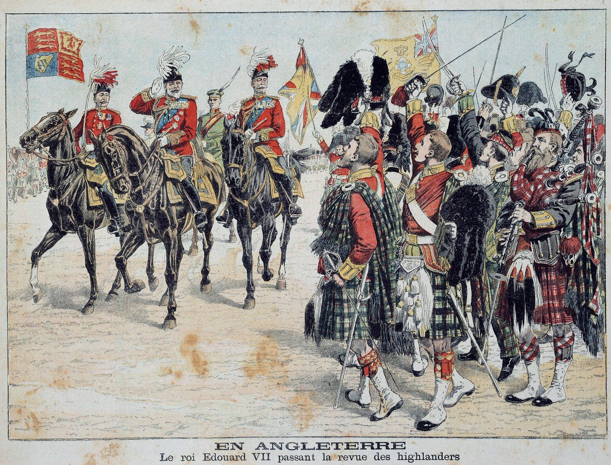 Edward VII (1841-1910) anglický král recenzuje ilustraci Scottish Highlanders ze slavné přílohy „Little Diary“ 1905 Private Collection od Anonymous Anonymous