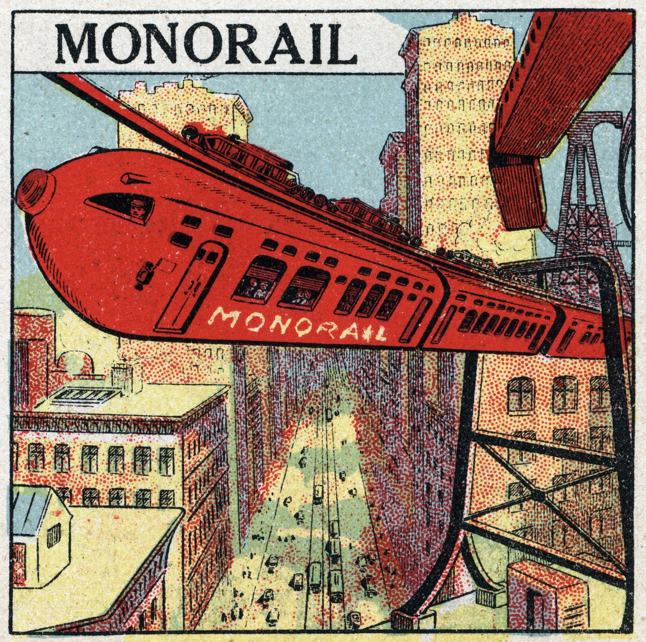Elektrické dráhy: projekt jednokolejky obíhající ve městě. Anonymní ilustrace z roku 1925. Soukromá sbírka. od Anonymous Anonymous