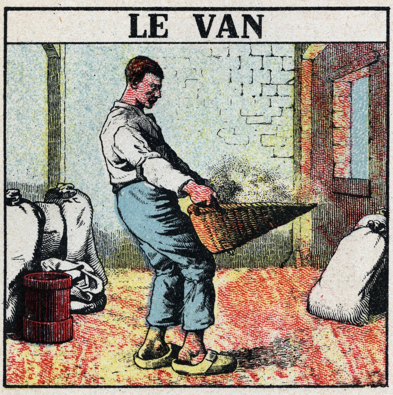 Elektrické nářadí: dodávka nebo proutěný koš používaný k utírání obilí před vynálezem elektrických strojů. Anonymní ilustrace z roku 1925. Soukromá sbírka. od Anonymous Anonymous