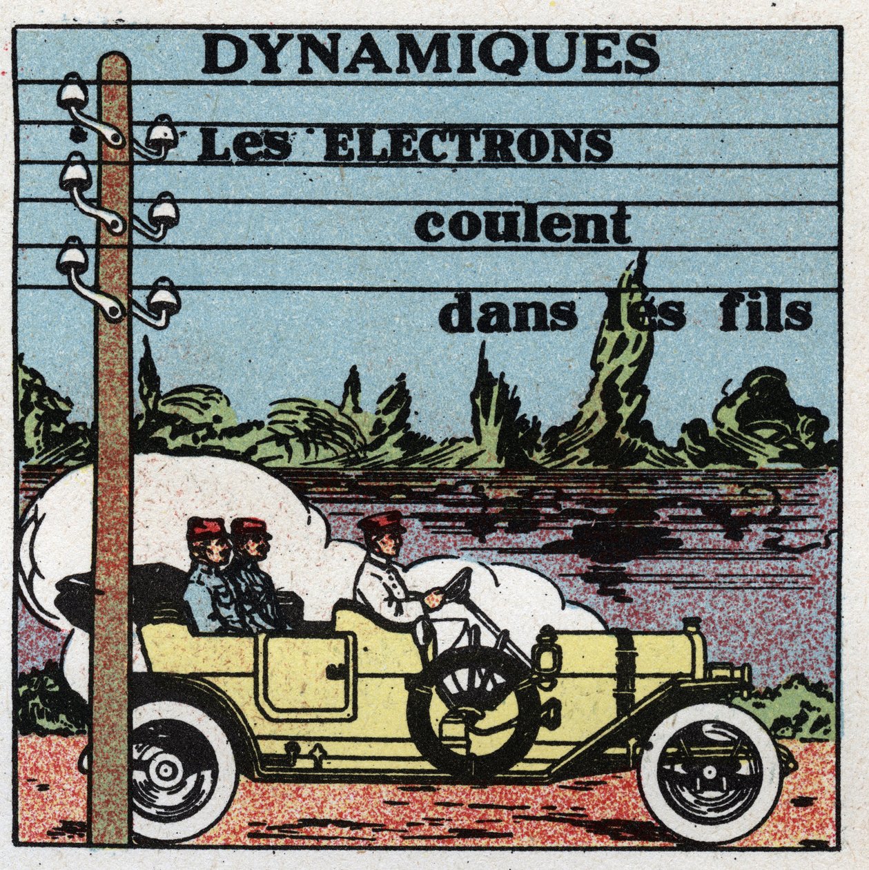Elektrické jevy: dynamické jevy. Elektrony proudí elektrickými dráty. Anonymní ilustrace z roku 1925. Soukromá sbírka. od Anonymous Anonymous
