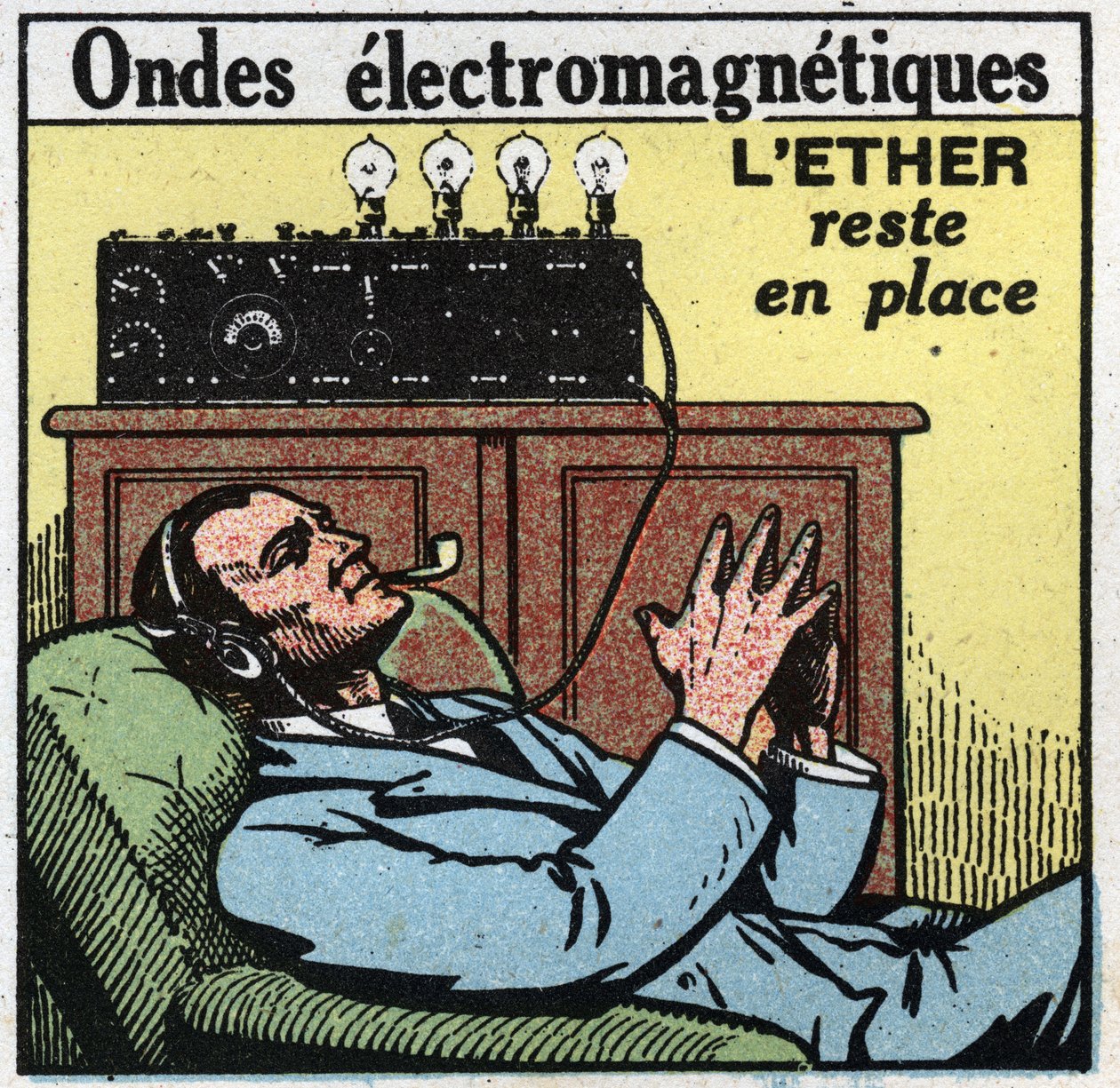Elektrické jevy: pokud éter zůstává na místě, vibrační pohyb dává elektromagnetickým vlnám používaným v T.S.F. Anonymní ilustrace z roku 1925. Soukromá sbírka. od Anonymous Anonymous