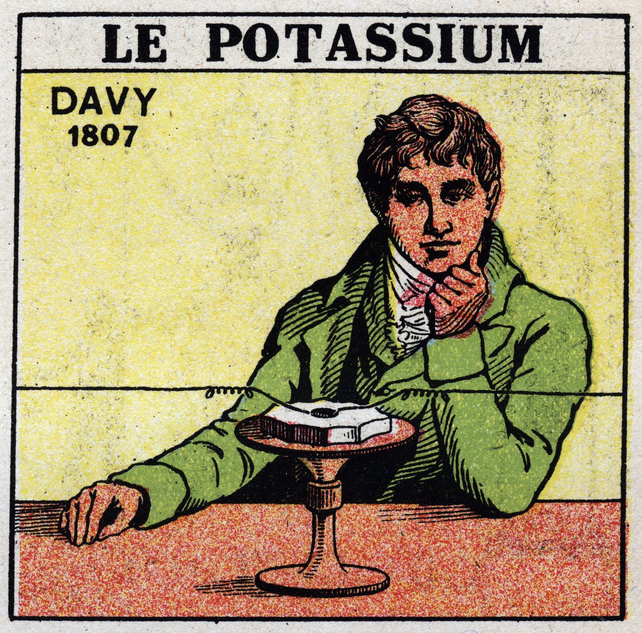 Elektrochemie: rozklad potaše (draslíku) a sody Sirem Humphrym Davym (1778-1829) v roce 1807. Anonymní ilustrace z roku 1925. Soukromá sbírka. od Anonymous Anonymous