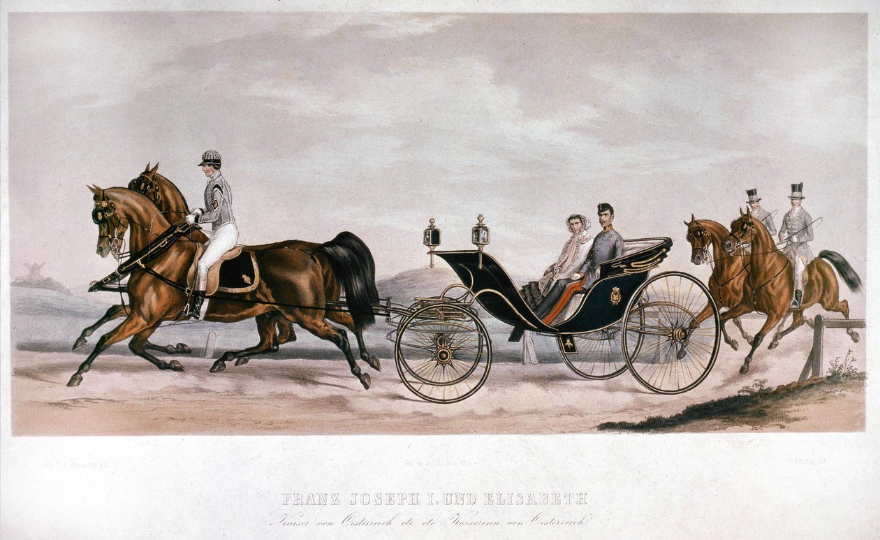 Elisabeth (Sissi) a François Joseph I. (1830 - 1916) z Rakouska při projížďce kočárem. Rytina 19. století. Soukromá sbírka od Anonymous Anonymous