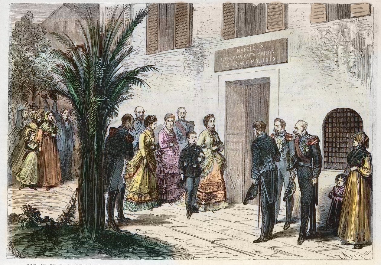 Císařovna Eugenia a císařský princ Ludvík Napoleon na návštěvě v domě, kde se narodil Napoleon I., v Ajacciu, Korsika, Francie 1869 - plavba císařského a císařského prince - návštěva domu Napoleona I. do Ajaccia - 1869 od Anonymous Anonymous