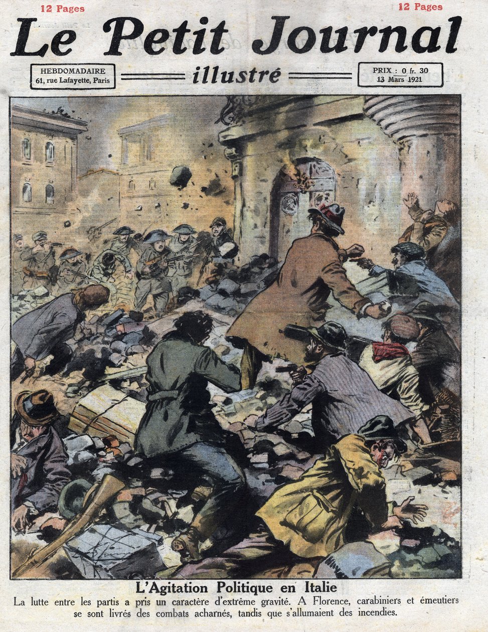 Emutes ve Florencii mezi komunisty a fašisty 27. února. Zásah karabiniérů. Ilustrace převzata z „“Le petit journal““ z 13.3.1921. Soukromá sbírka od Anonymous Anonymous