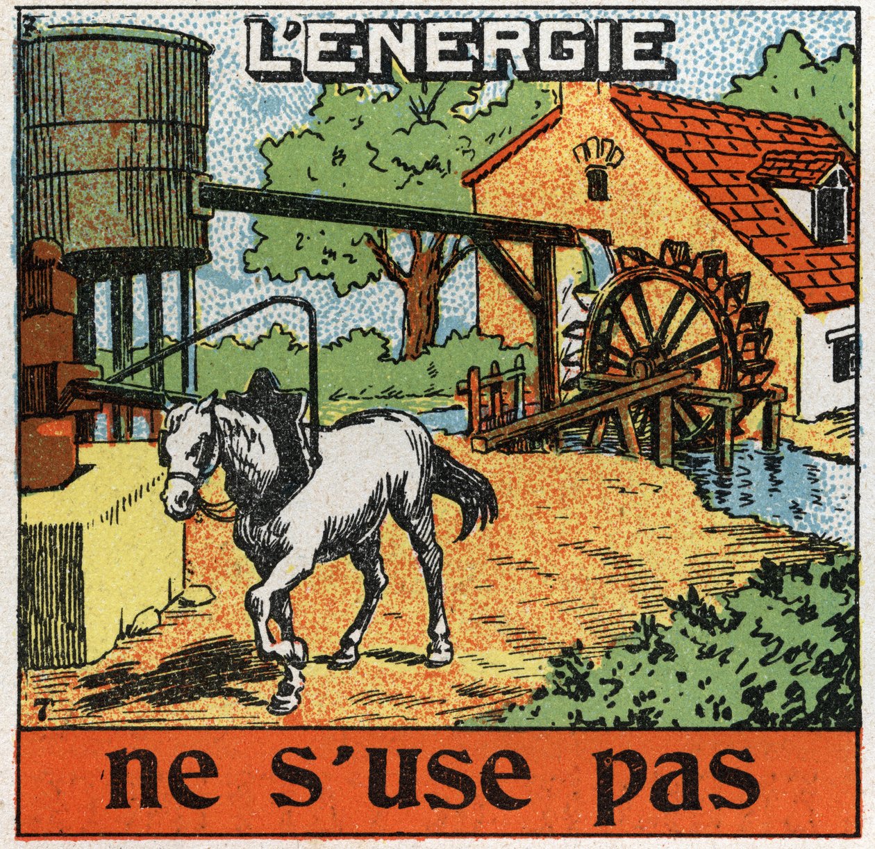 Energie se neopotřebovává: kůň se připojí k manéži a slyší vodu v nádrži. Anonymní ilustrace z roku 1925. Soukromá sbírka. od Anonymous Anonymous