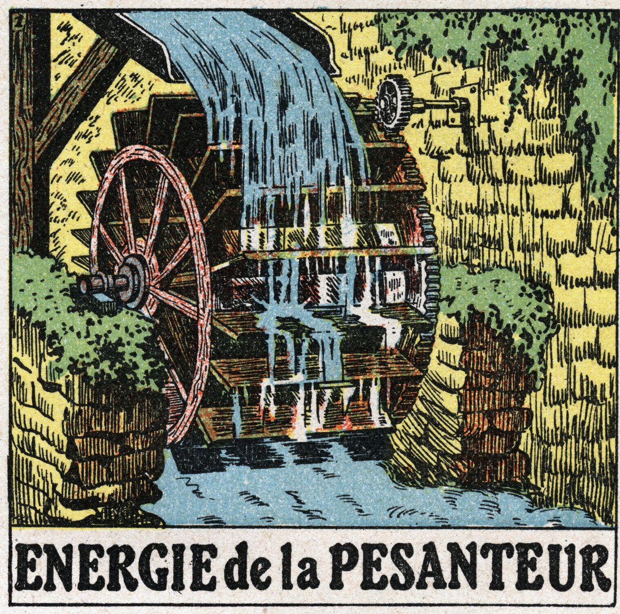 Gravitační energie: kolo vodního mlýna. Anonymní ilustrace z roku 1925. Soukromá sbírka. od Anonymous Anonymous