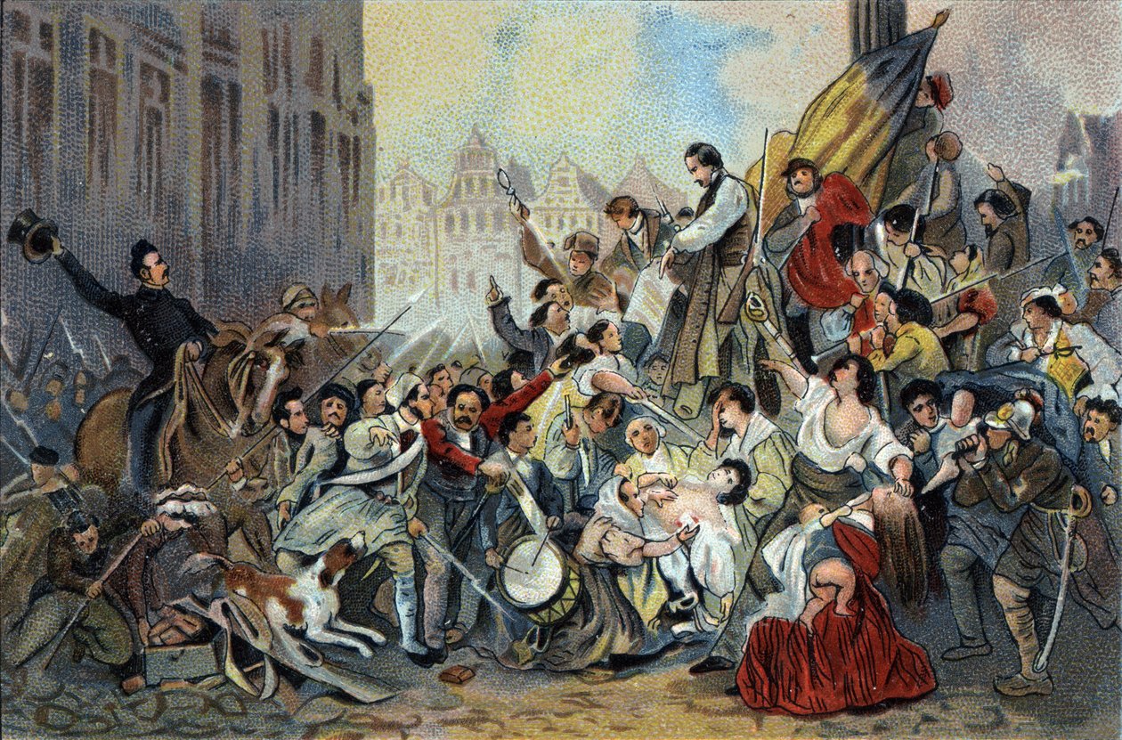 Epizoda revoluce z roku 1830 před bruselskou radnicí. Reklamní chromolitografie čokolád Antoine v Bruselu, začátek 20. století. Soukromá sbírka od Anonymous Anonymous