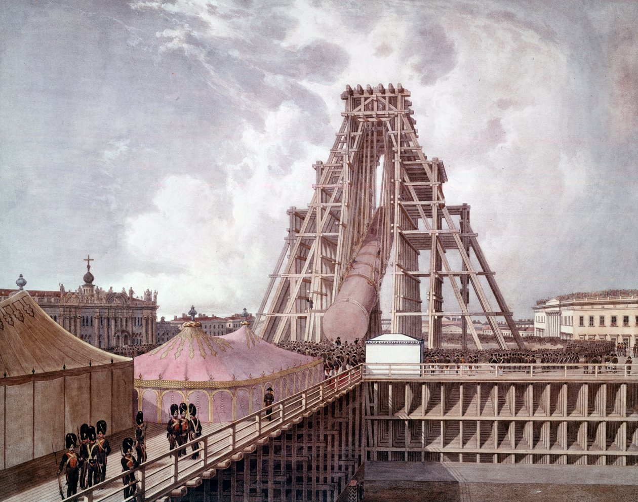 Vztyčení sloupu Alexandra I. na Palácovém náměstí (St. Petersburg). Malování ruské školy od Anonymous Anonymous