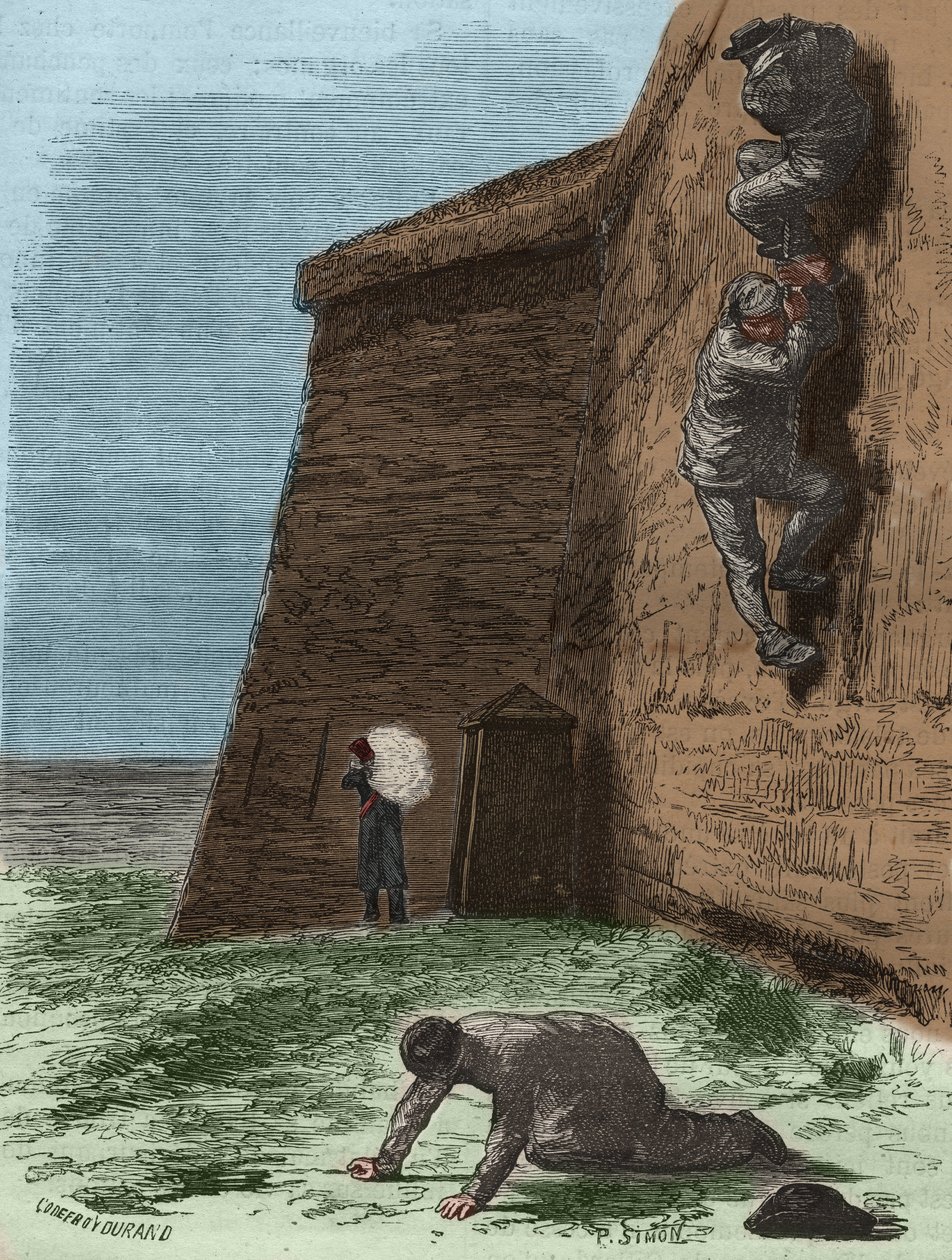 Útěk z vězení Rochefort v 19. století. Rytina do „Historie trestanců od jejich vzniku po současnost“ (1877) od Pierra Zacconeho (1817-1895) (Colonia Penale - Trestná kolonie). Soukromá sbírka. od Anonymous Anonymous