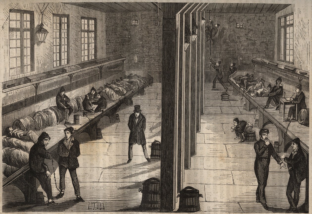 Útěk tří trestanců v místnosti Saint Gilles z bagne de Rochefort dne 28. prosince 1840. Rytina v „Historie bagnes od jejich vzniku až po současnost““ (1877) od Pierra Zacconeho (1817-1895) (Colonia Penale - Trestanecká kolonie). Soukromá sbírka. od Anonymous Anonymous