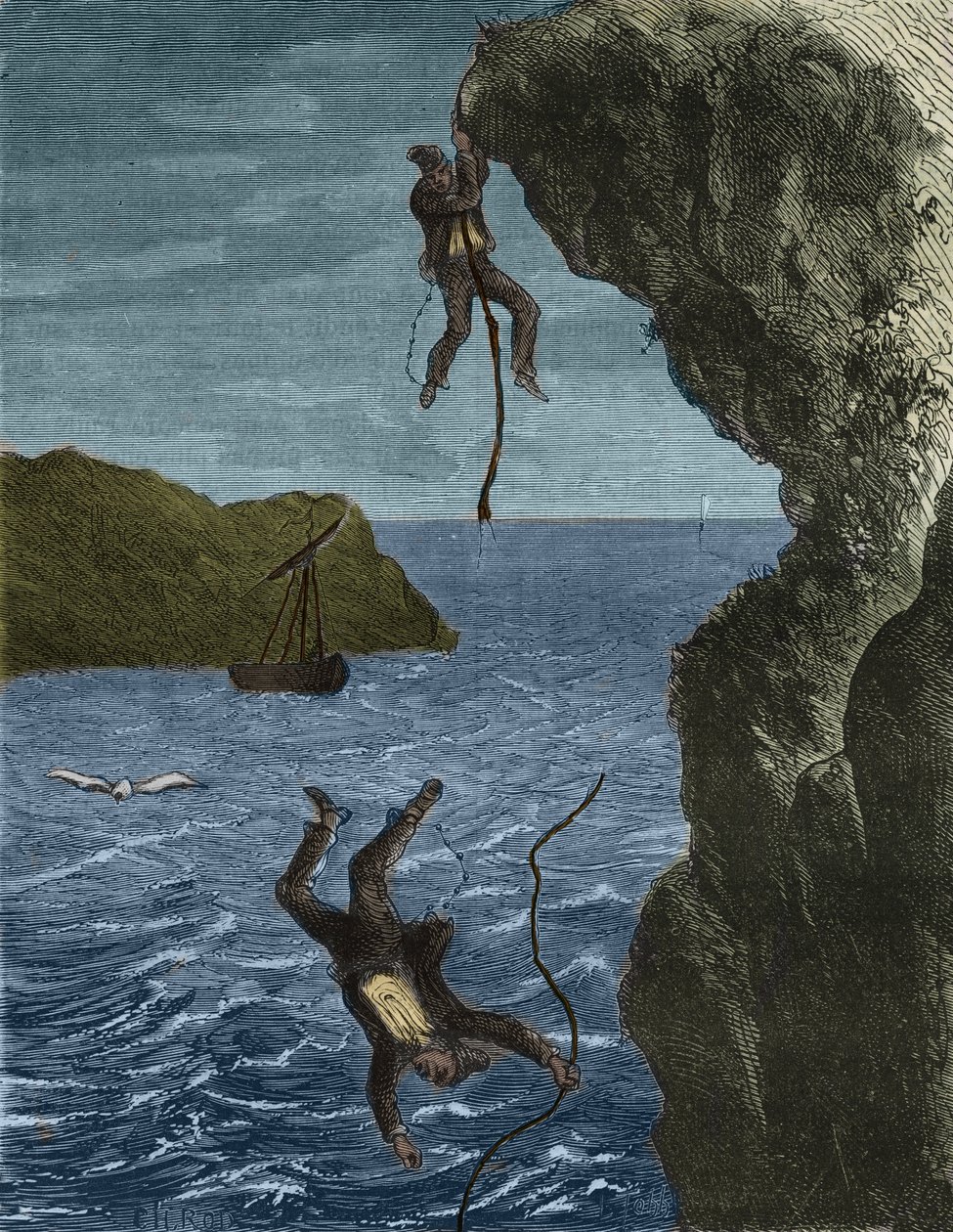 Útěk dvou sil z vězení Belle-Ile-en-Mer (krásný ostrov na moři) v 19. století. Rytina do „Historie trestanců od jejich vzniku až po současnost“ (1877) od Pierra Zacconeho (1817-1895) (Colonia Penale - Trestná kolonie). Soukromá sbírka od Anonymous Anonymous