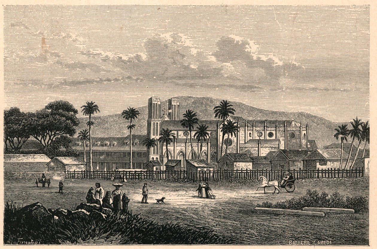 Vnější pohled na katedrálu Port of Spain (Port of Spain) v Trinidadu (Trinidad a Tobago, Trinidad a Tobago). Rytina do „Les Missions Catholiques au XIXeme Siecle““ od Louis-Eugene (Louis Eugene) Louvet. soukromá sbírka. od Anonymous Anonymous