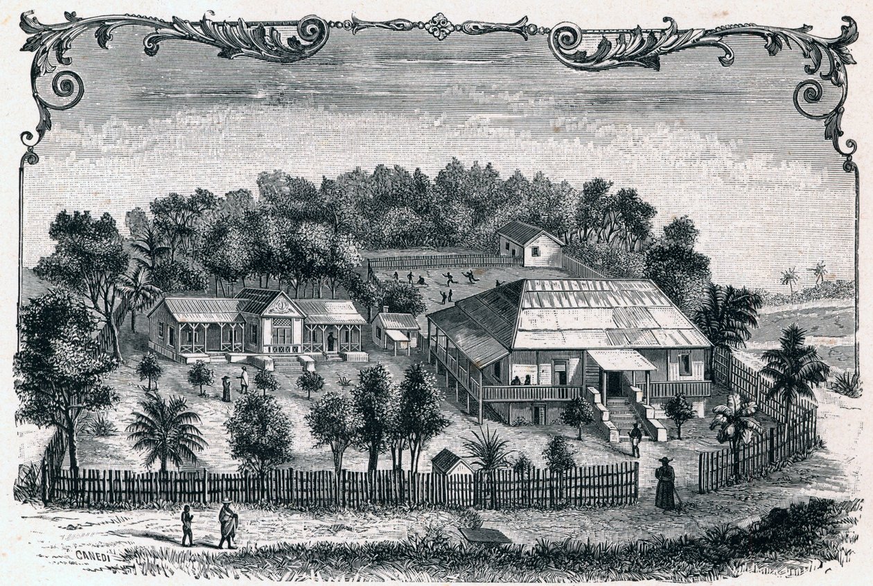 Vnější pohled na faru a školu Hell Ville (Hell-Ville) (Andoany), hlavního města ostrova Nosy Be na Madagaskaru. Rytina do „Les Missions Catholiques au XIXeme Siecle““ od Louis-Eugene (Louis Eugene) Louvet. soukromá sbírka. od Anonymous Anonymous