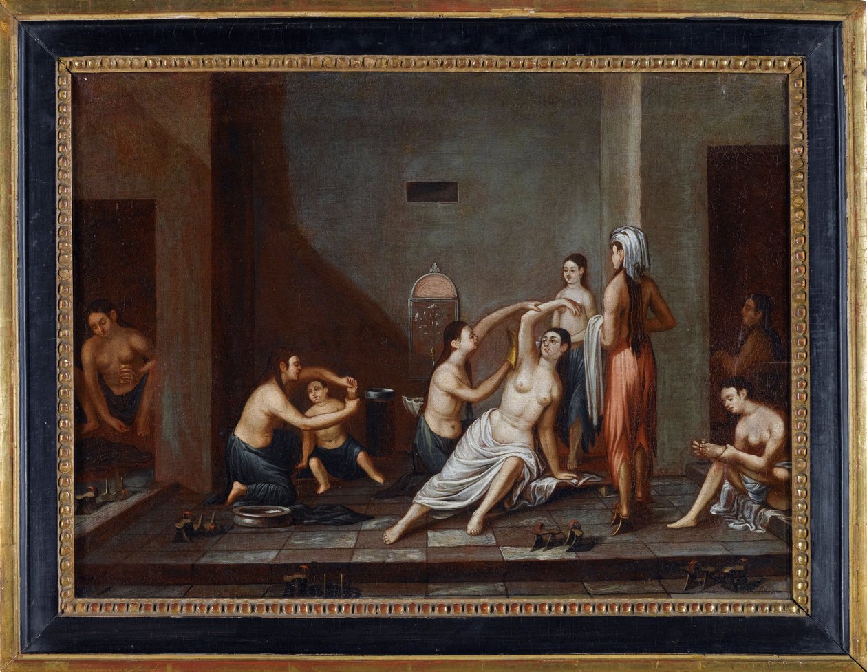 ""Ženy v hammamu se navzájem myjí"" (Ladies in the Hammam) Anonymní obraz 1741 - Olej na plátně, 39x53 - Soukromá sbírka od Anonymous Anonymous