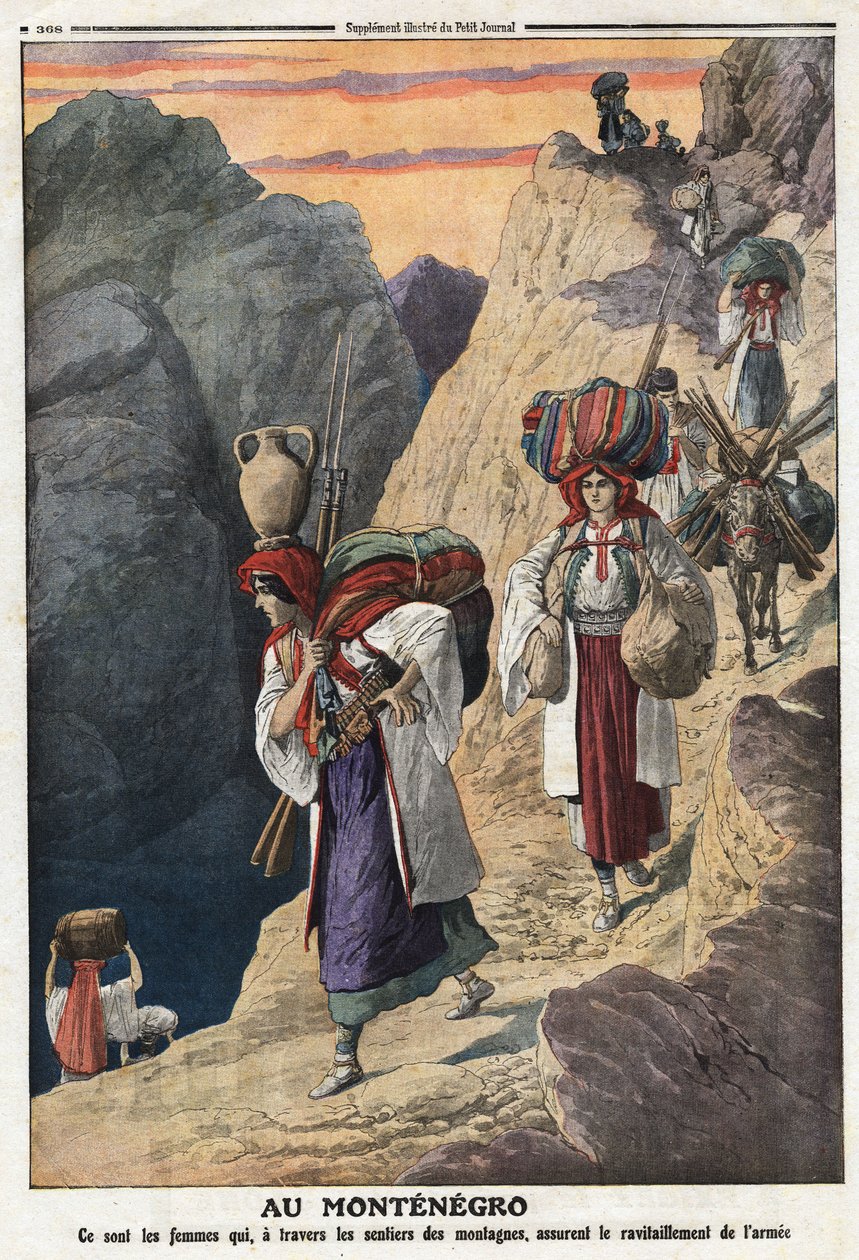První balkánská (balkánská) válka: Černohorské ženy přecházejí hory pěšky, aby si zajistily zásobu zbraní. Ilustrace převzata z „“ Le Petite Journal““ 17. 11. 1912 Soukromá sbírka. od Anonymous Anonymous
