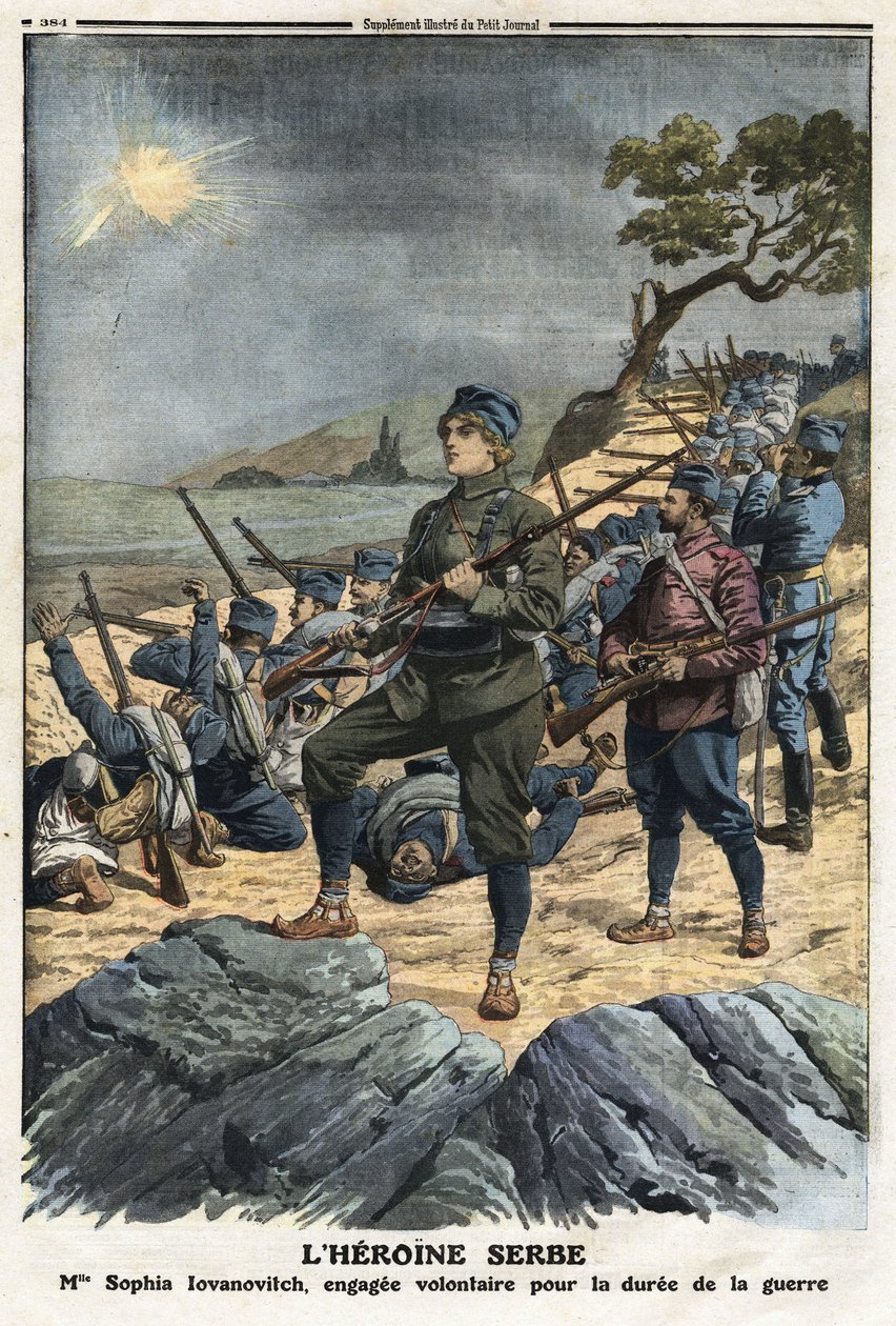 První balkánská válka: portrét Sophie Yovanovich, mladé Srbky, která se dobrovolně přihlásila proti Turecku. Ilustrace převzata z “” Le Petite Journal”” 01/12/1912 Soukromá sbírka. od Anonymous Anonymous