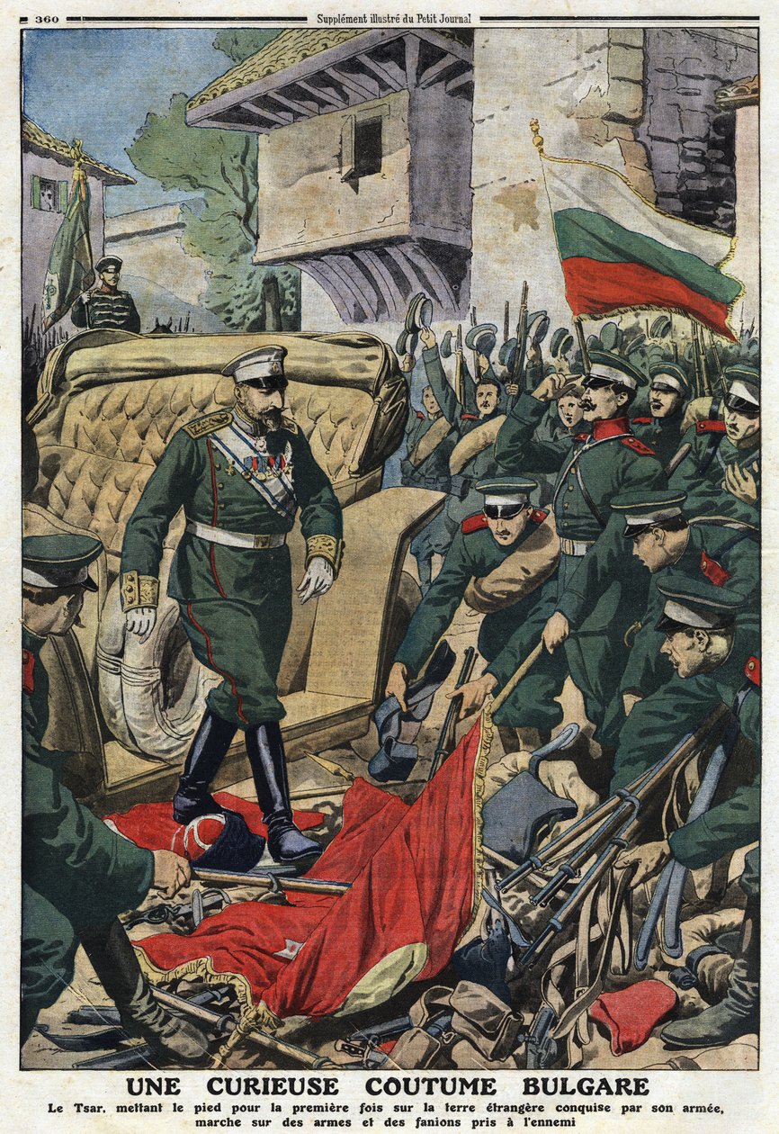První balkánská válka (Balkán): Bulharský car Ferdinand I. (1861-1948) pochodující na cizích územích dobytých jeho armádou v Mustapha-Pasha (Mustapha Pasha), nyní Ferdinandovo, zbožňuje zbraně a praporce nepřátel“““ ilustrace z „ Malý deník"" od Anonymous Anonymous