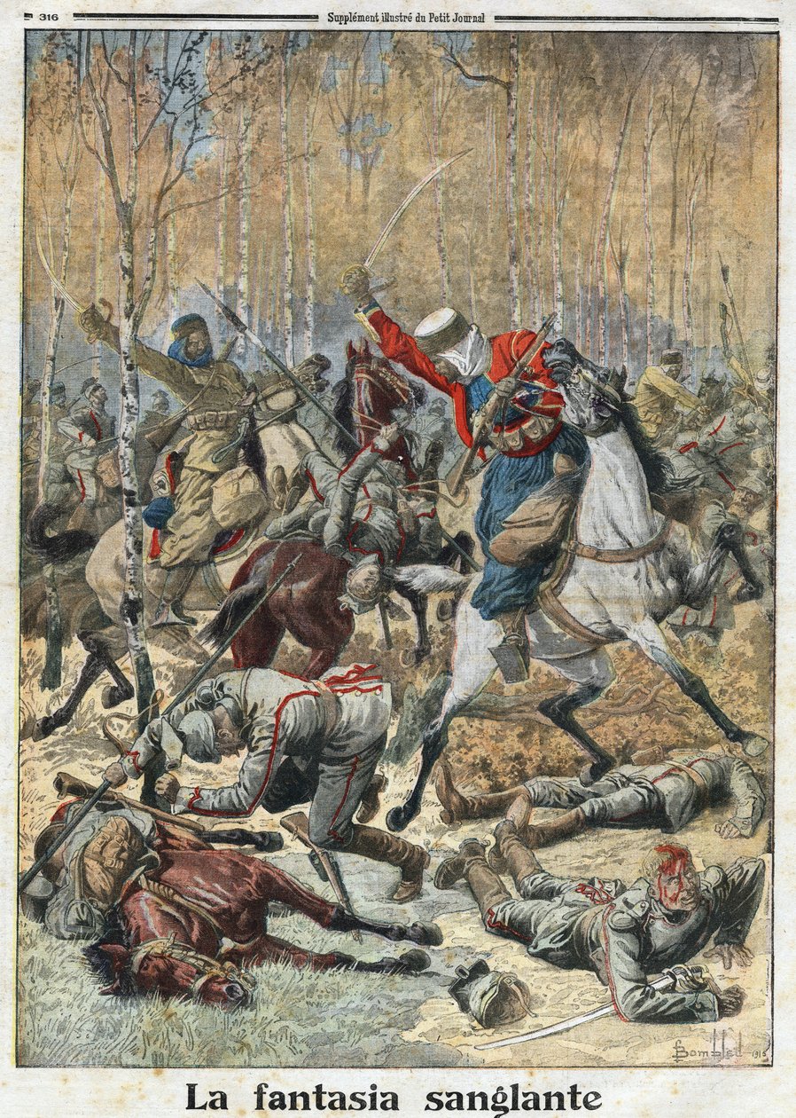 První světová válka 1914-1918 (14-18): „Krvavá fantazie“. V lesích bojovalo vojsko třiceti hulánů (německých jezdců s kopím) s osmi vítěznými alžírskými spahisy. Rytina v „“Le Petite Journal““, dne 28.11.1915. Soukromá sbírka. od Anonymous Anonymous